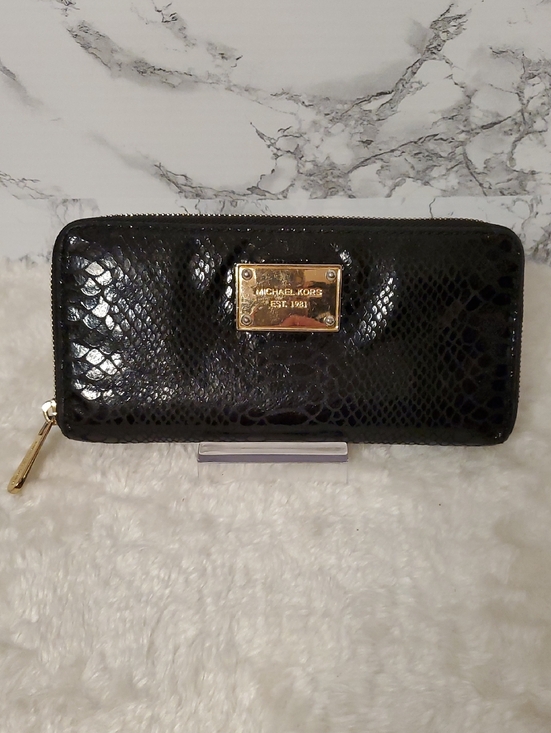 Michael Kors Handbags - Michael Kors Black Patent Python Embossed Wallet with Gold Plaque EUC